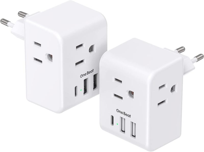 One Beat 2 Pack European Travel Plug Adapter, International Power Plug Adapter with 3 Outlets 3 USB Charging Ports(1 USB C), Type C Plug Adapter Travel Essentials to Most Europe EU Spain Italy France Germany - Image 1